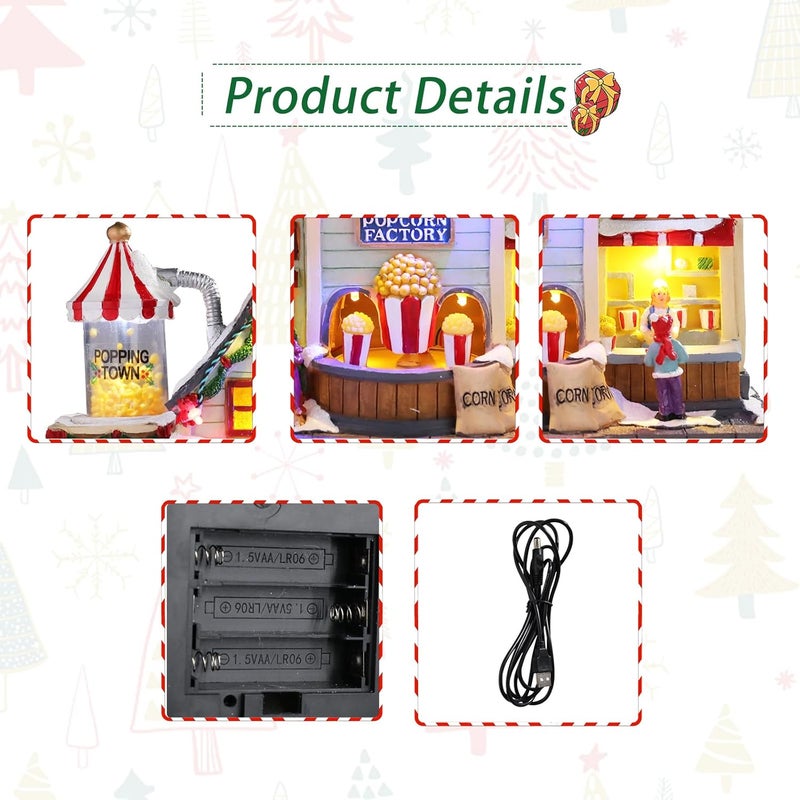 CHONSUN Christmas Village 8.7 Inch Popcorn Shop with LED Lights Resin Village Houses Holiday Music with USB/3AA Batteries Rendering Atmosphere Christmas Decorations - Image 3